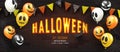 Halloween Sale Promotion Poster with scary balloons, paper bats and cobweb.Glowing inscription on a brick wall.Vector
