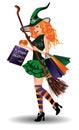 Halloween sale. redhair witch with shopping bags