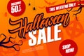 Halloween Sale special offer banner with hand drawn lettering for seasonal shopping. This weekend discount up to 50% off.