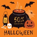 Halloween sale square template with cute cartoon pumpkin skull, bones, bats, cobweb, spider and cauldron of potion.
