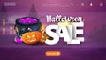 Halloween sale, template the main page of the web site with the discount banner, witch`s pot and pumpkin Jack