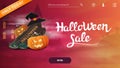 Halloween sale, a template for a website with a discount banner, wooden sign, witch hat and pumpkin Jack Royalty Free Stock Photo