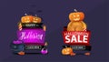 Halloween sale, two discount banners in the form of ribbons with pumpkin Jack, cauldron of potion, maple leafs.
