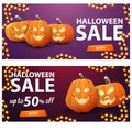 Halloween sale, two discount banners with pumpkins. Funny templates for your art