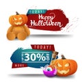 Halloween sale, two discount web banners for your business with Teddy bear with Jack pumpkin head Royalty Free Stock Photo