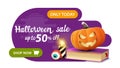 Halloween sale, up to 50% off, banner of geometric liquid style simple form with spell book and pumpkin Jack