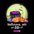 Halloween sale, up to 50% off, black square discount web banner with large full moon, witch`s cauldron and pumpkin Jack