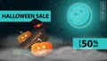 Halloween sale, up to 50% off, dark horizontal discount banner with beautiful night halloween landscape, wooden sign and pumpkin Royalty Free Stock Photo