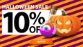 Halloween sale, up to 10% off, discount banner with halloween texture and pumpkin Jack and witch`s potion