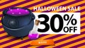 Halloween sale, up to 30% off, discount banner with halloween texture, witch`s cauldron with potion