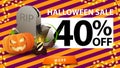 Halloween sale, up to 40% off, discount banner with halloween texture, tombstone and pumpkin Jack