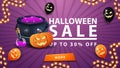 Halloween sale, up to 30% off, discount purple banner with button, halloween balloons, witch`s cauldron and pumpkin Jack