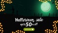 Halloween sale, up to 50% off, horizontal discount banner for your business with green night landscape with green full moon Royalty Free Stock Photo