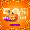 Halloween sale, up to 50% off, square orange discount banner with button, pumpkin Jack and witch`s potion Royalty Free Stock Photo
