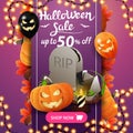 Halloween sale, up to 50% off, square purple discount banner with vertical ribbon with Halloween decor, Halloween balloons