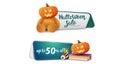 Halloween sale, up to 50% off, two clickable discount banner with Teddy bear with Jack pumpkin head, spell book and pumpkin Jack