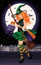 Halloween sale. Urban redhair witch with shopping bags