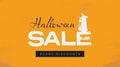 Halloween sale vector banner or poster template with witch and her broom on orange background. Special offers, discounts