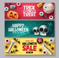 Halloween sale vector banner set. Halloween trick or treat discount price offer with cute and scary emoji character Royalty Free Stock Photo