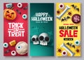 Halloween sale vector poster set. Halloween discount price offer with cute and scary emoji character elements Royalty Free Stock Photo
