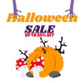 Halloween sale verticall banner in cartoon style. The illustration depicts a pumpkin and two purple scary stretching hands.