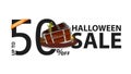 Halloween sale, white banner with 50% off and wooden chest with a zombie arm