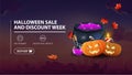 Halloween sales and discount week, discount banner with city on background, witch`s cauldron and pumpkin Jack