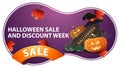 Halloween sales and discount week, purple discount banner with wooden sign, witch hat and pumpkin Jack. Royalty Free Stock Photo