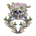 Halloween Santa Muerte. Human Skull In A Rose Wreath And Hand Bones In Dog-rose Garlands. Mystical Character. Tattoo