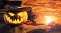 Halloween scarecrow with carved pumpkin head, autumn background