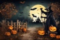 halloween, scarecrow in front of the old house, around pumpkins and mystical forest, flying bats on big full moon background, Royalty Free Stock Photo