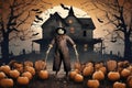 halloween, scarecrow in front of the old house, around pumpkins and mystical forest, flying bats on big full moon background, Royalty Free Stock Photo