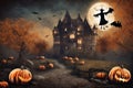 halloween, scarecrow in front of the old house, around pumpkins and mystical forest, flying bats on big full moon background, Royalty Free Stock Photo