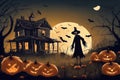 halloween, scarecrow on the path in front of the old house, mystical forest around, flying bats on big full moon background, scary Royalty Free Stock Photo