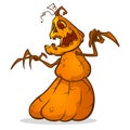 Halloween scarecrow with pumpkin head. Vector cartoon pumpkin monster with smiling expression isolated on white