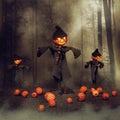 Scarecrows in a pumpkin field Royalty Free Stock Photo