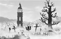 Halloween scareful landscape with trees, spooky branches, old church, graveyard objects, fence, zombies and hands of Royalty Free Stock Photo