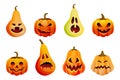 Halloween scary emotion pumpkins icons set. Vector flat cartoon illustration. Horror Jack o lanterns faces expression Royalty Free Stock Photo