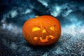 Halloween scary Night Pumpkin on dramatic dark creepy sky background. Halloween horror