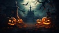 Halloween scary pumpkin candles and dry leaves halloween background