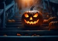 Halloween scary pumpkin with devil smile on dark stairs on spooky night.Macro.AI Generative