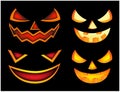 Halloween scary pumpkin face vector illustration set, Jack O Lantern smile isolated on black background. Scary orange picture with Royalty Free Stock Photo