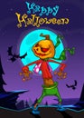 Halloween scary pumpkin head scarecrow,vector postcard Royalty Free Stock Photo