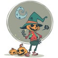 Halloween scary pumpkin head scarecrow, vector postcard for Halloween holiday. Royalty Free Stock Photo