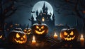 Halloween with scary pumpkins candles at night with a bet and castle background, AI generated. Royalty Free Stock Photo