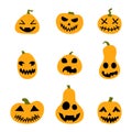 Halloween scary pumpkins set. Illustration of Jack-o-lantern facial expressions. Simple collection spooky horror images of orange Royalty Free Stock Photo