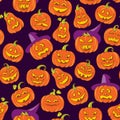 Halloween scary pumpkins vector seamless pattern. Dark purple background with orange funny faces in doodle style Royalty Free Stock Photo