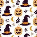 Halloween Scary Pumpkins, Witch hats, Vector Seamless Pattern Texture Royalty Free Stock Photo