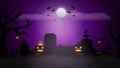 Halloween scary violet background. Foggy landscape with bats, full moon, pumpkins, trees and gravestones on graveyard Royalty Free Stock Photo