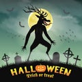 Halloween scary wendigo monster in night graveyard